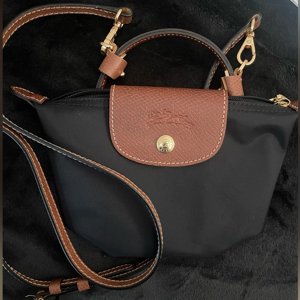 Longchamp Black Crossbody Bag with Brown Leather